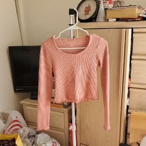 American Eagle Pink Waffle Knit Long Sleeve Cropped Blouse Size S